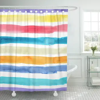 

Ombre of Hand Made Colorful Brush Stroke Watercolor Stripes Shower Curtain Waterproof 60 x 72 Inches Set with Hooks