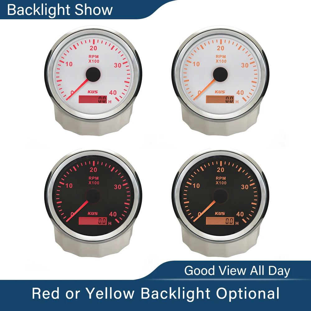 KUS 85mm Tachometer RPM Gauge REV Meter with Hour Meter 3000RPM 4000RPM  6000RPM 8000RPM 12V/24V with Red Yellow Backlight