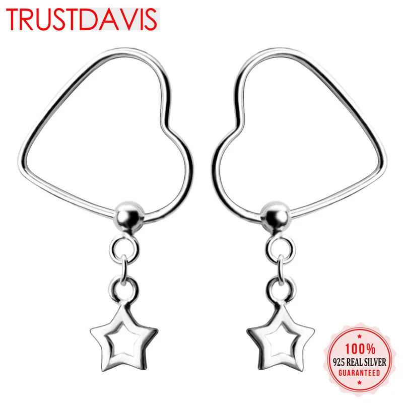 Trustdavis 100% 925 Настоящее серебряное пустое сердце Звезда Крест Шарм серьги гвоздики
