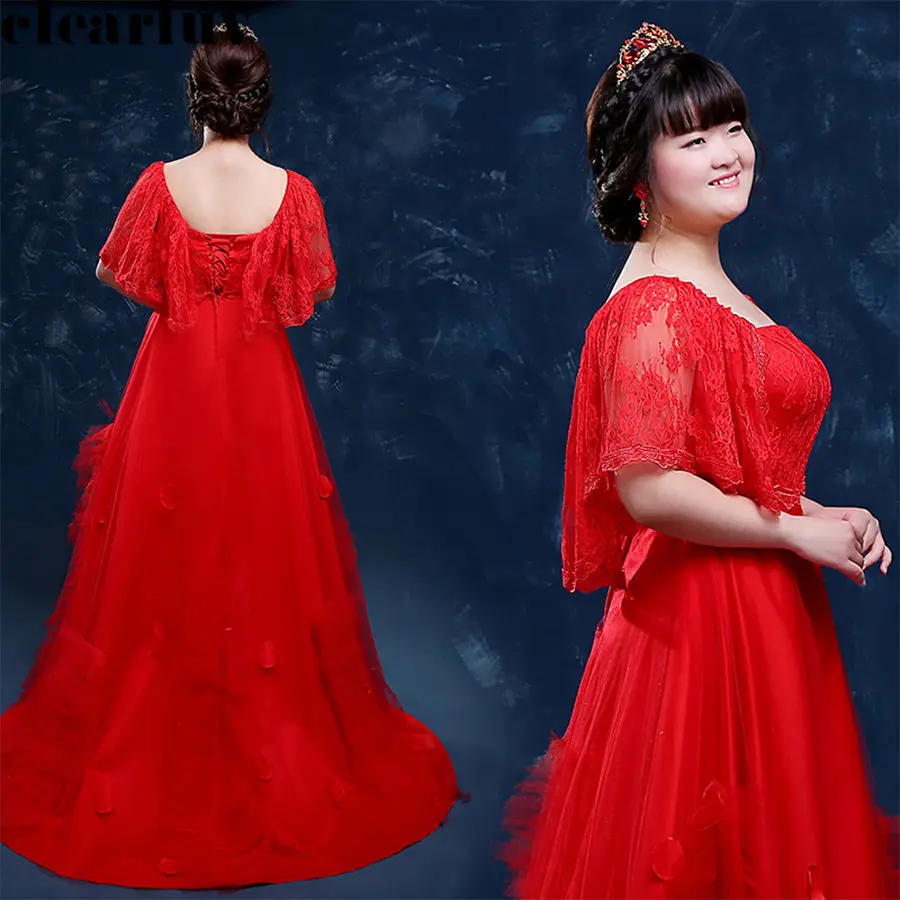 

Wedding Dress 2019 Free Shipping Boat Neck Lace Up Plus Size Backless Robe De Mariee T176 Red Eleghant Lace Flowers Wedding Gown