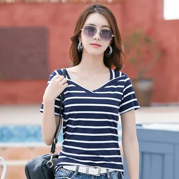 

2020 WOMEN Summer striped large V-neck t-shirt women's short-sleeved Slim Korean fashion wild clothes