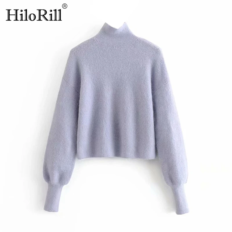 

Casual Turtleneck Knitted Crop Sweater Winter Warm Women Pullover Soft Long Lantern Sleeve Jumper Loose Female Oversize Tops