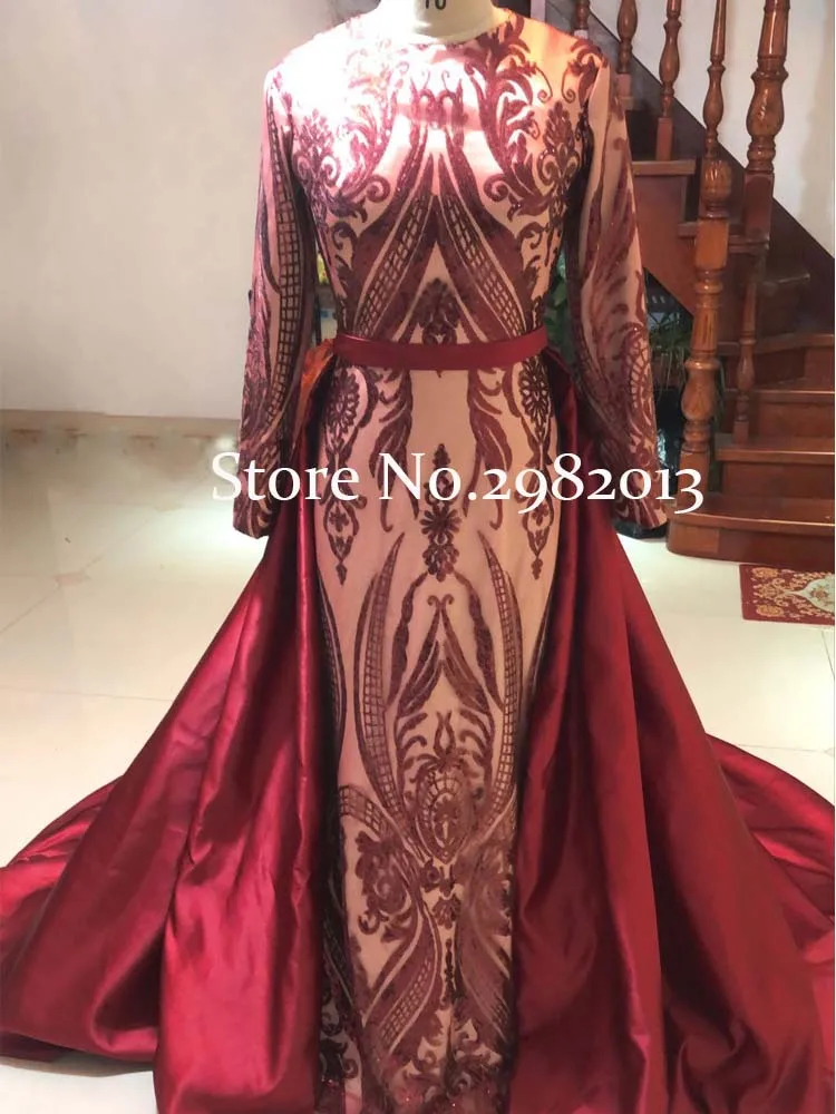 Lange Mouwen Bourgondië Avondjurken 2019 Mermaid Abendkleider Moslim Vrouwen Gown Met Afneembare Rok Robe De Soiree Longue Lange Mouwen Bourgondië Avondjurken 2019 Mermaid Abendkleider Moslim Vrouwen Gown Met Afneembare Rok Robe De Soiree Longue