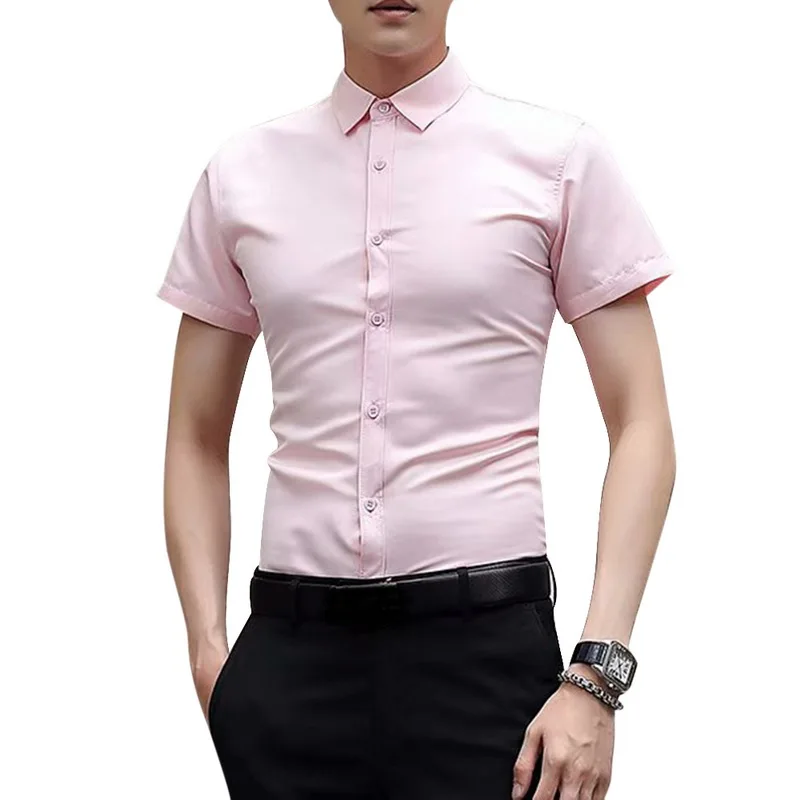 pink short Новая повседневная однотонная мужская рубашка с длинным рукавом, тонкая версия, мужская деловая рубашка, брендовая мужская одежда с пуговицами - Цвет: pink short