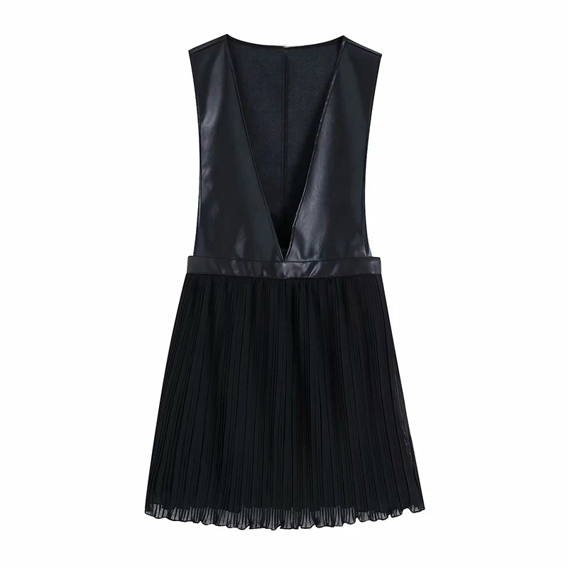Prezzo Donne Nero Vestito Dal Carro Armato di Modo Profondo Scollo A V Patchwork Cuoio Dell unità di elaborazione Mini Vestito Vintage Signore Pieghettato Vestiti Da Partito Femminile Vestdios