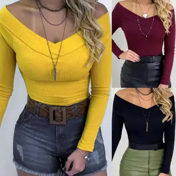

Sexy Women Solid Color V Neck Long Sleeve Off Shoulder Pullover Slim Bodysuit Solid color trendy design easy match perfect gifts