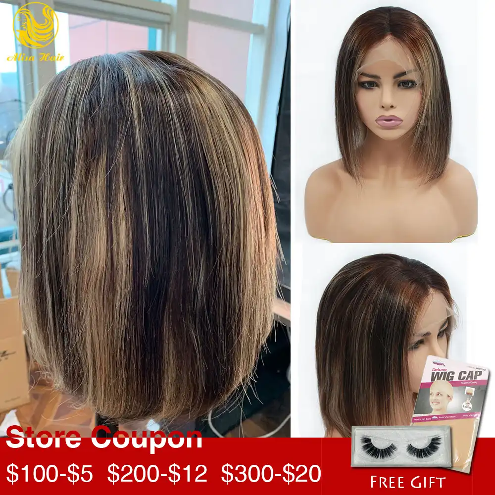 Peluca Con Malla Frontal Alisa Hair 13 4 Pelucas De Cabello Humano Balayage Para Mujeres Negras Ombre Rubio Miel Marron Pelucas Bob Corto Aliexpress