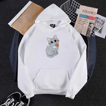 

Kawaii Winter Graphic Cat Sweatshirt Women Cartoon Printed Hooded Hoodies Harajuku White Pink Long Sleeves Pullovers Femme