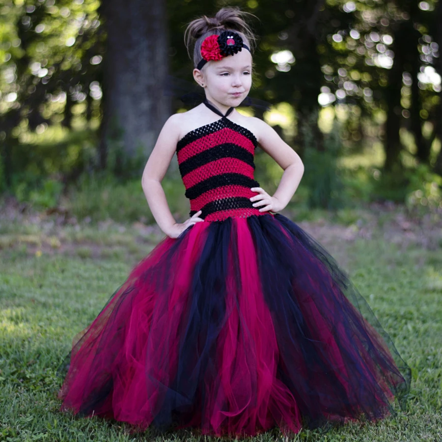 Vestido rojo y negro con tutú para niña pequeña, traje de tul de ganchillo  para niña, conjunto de lazo de pelo de flores, disfraz para fiesta de  Halloween|Vestidos| - AliExpress