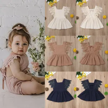 

Newborn Ruffle Flower Baby Girls Kids Toddler Lace Sweet Cute Princess Party Wedding Lace Sleeveless Dresses Baby Clothing