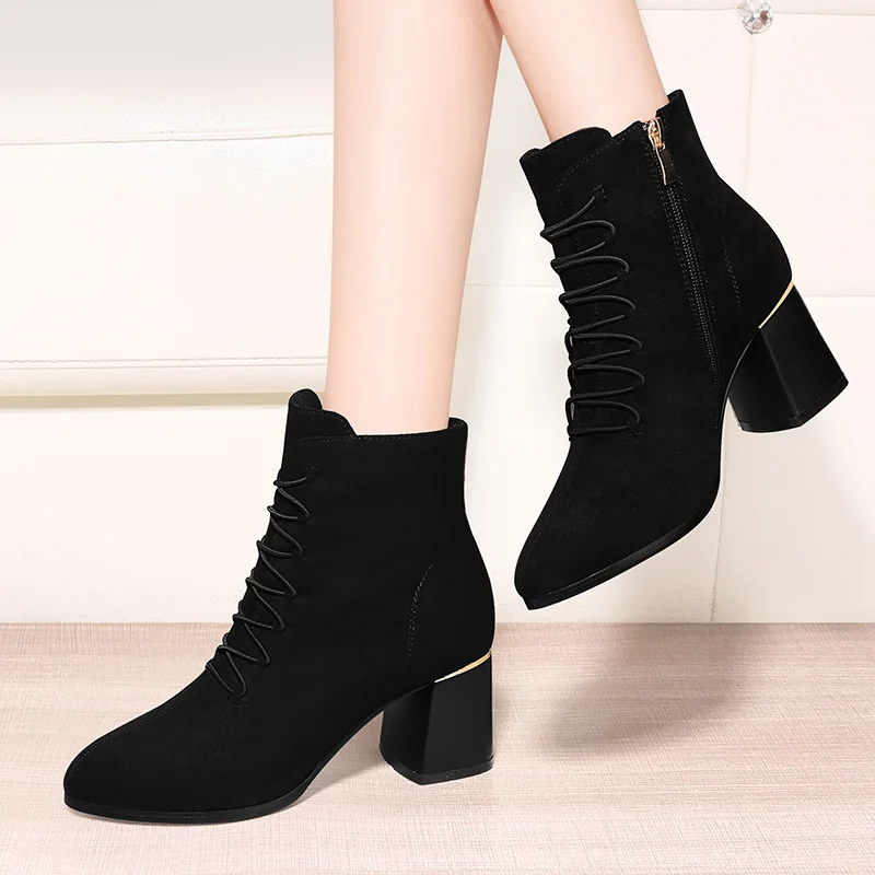 

Chunky High Heel Shoes WOMEN'S Black Ankle Boots Spring And Autumn 2019 New Style Autumn Versatile Online Celebrity Zipper Marti
