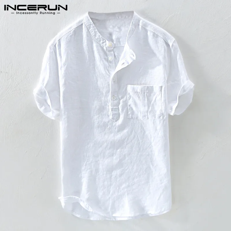 Summer casual men shirts stand collar solid cotton short sleeve streetwear