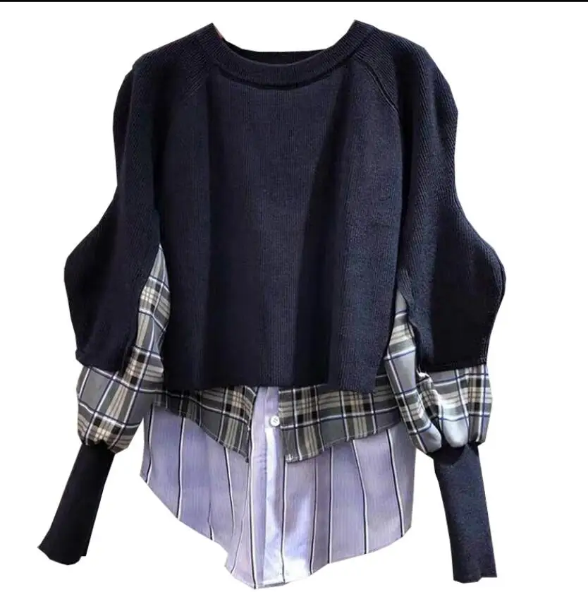 Spring New Fashion Loose Sweater Knitted Shirt Large Size Korean Women Plaid Striped Pullovers Junper Knitwear | Женская одежда