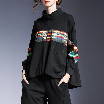 

Spring Clothing New Style Type a High Collar Oil Painting Printed Joint Hoodie Large Size Slimming Hoodie with Sleeves Women's