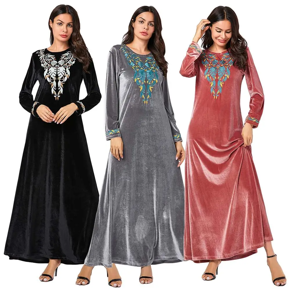Dubai Velvet Embroidery Women Loose Maxi Dress Muslim Party Gown Abaya Warm Robe Autumn Winter O-neck Plus Size 2019 Fashion New |