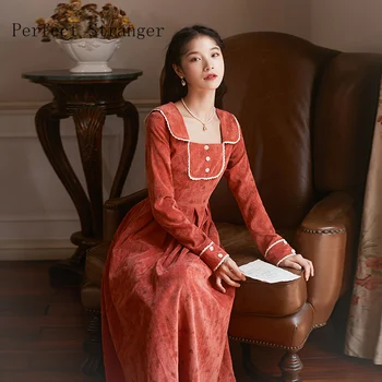 

2019 Autumn Winter Hot Sale Elegant Retro Square Collar Woman Corduroy Long Dress