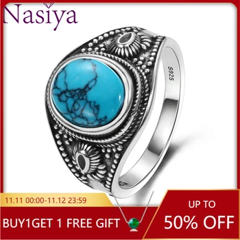 

925 Sterling Silver Jewelry Retro Oval Ring Men Women Natural Turquoise 8x10MM Gift Wholesale Party Wedding