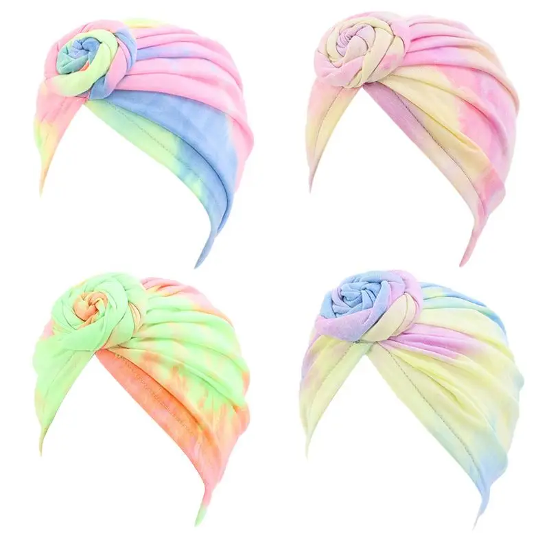 

Womens Boho Spiral Knotted Turban Hat Stretch Neon Tie-Dye Chemo Cap Headwrap