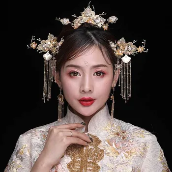 

2019 New Chinese Style Antique Hair Decoration Step Long tassels Light-colored Phoenix Crown Bride's Headdress Wedding