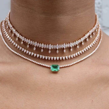 

New Baguette CZ Paved Water Drop Choke Necklace Arrow Tennis Chain Halo Stone Charm Statement Iced out Bling Women jewelry