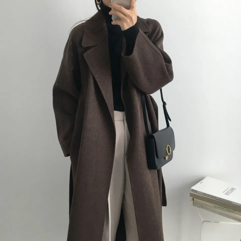 Women's Jacket 2021 Autumn and Winter Long Wool Coat with Belt Solid Color Long-Sleeved Chic Slim Down Shoulder Coat long puffer jacket