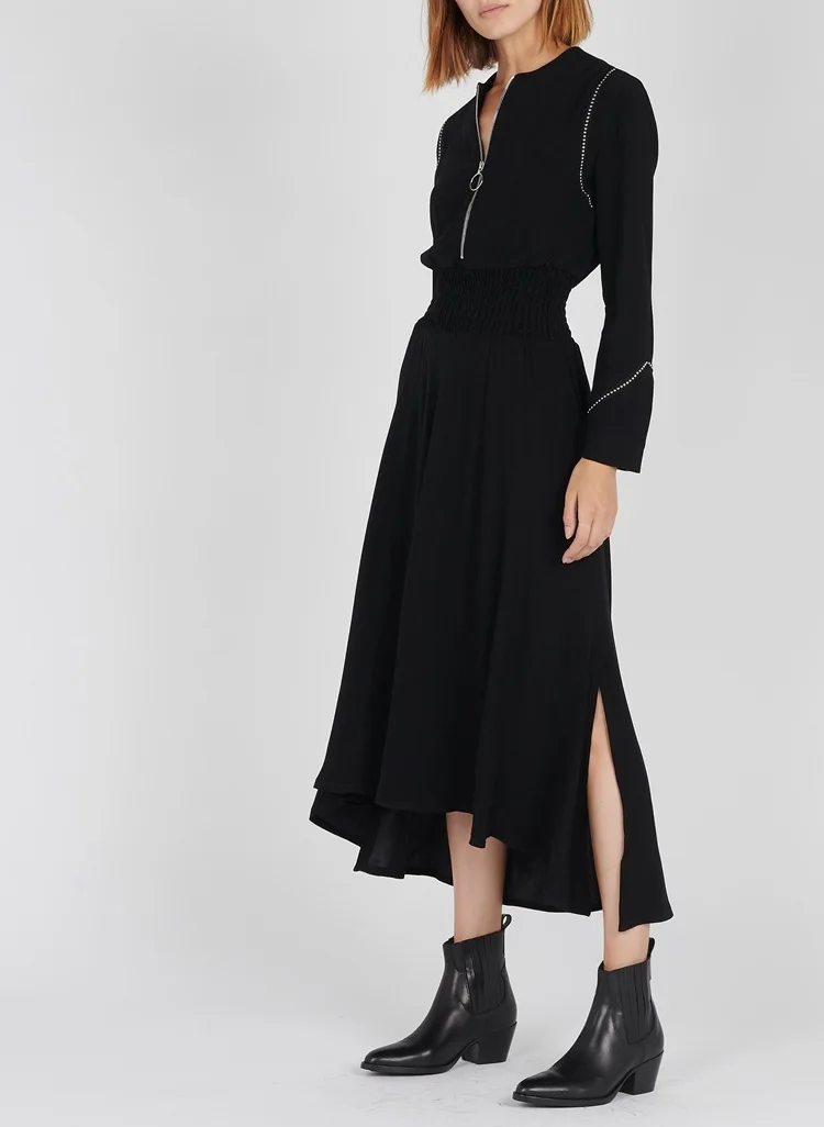 

Women Dress 2019 Autumn and Winter New Classic Zipper Half Open Long Dress