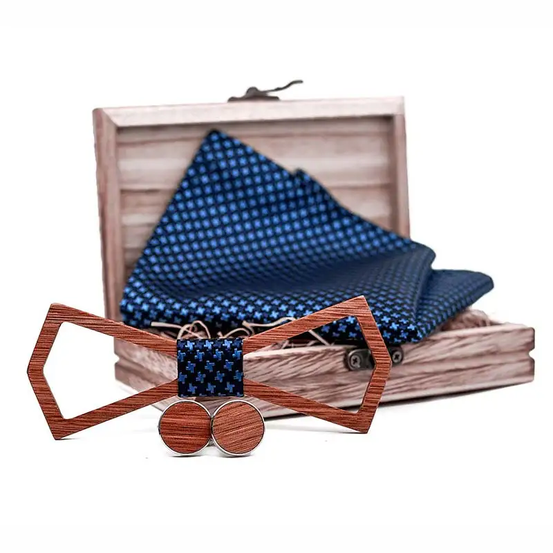  New arrival Wood Bowtie+Handkerchief+Cufflinks Sets Marriage Groom Wooden Bow Tie Wedding Christmas