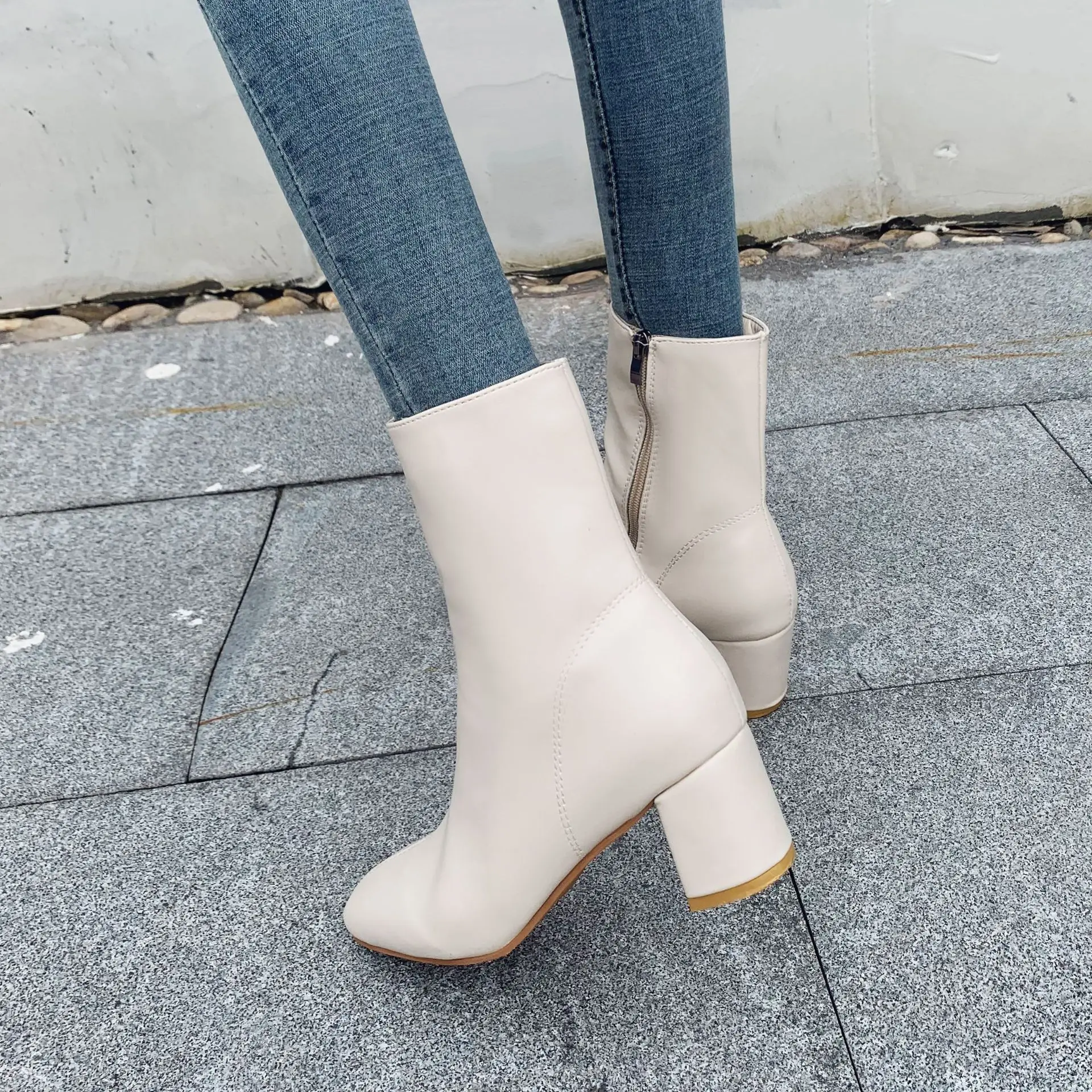 

Short Boots Women's Spring And Autumn Single Boots 2019-Comfortable Chunky-Heel Boots Side Zipper Beige White Soft Surface-Style