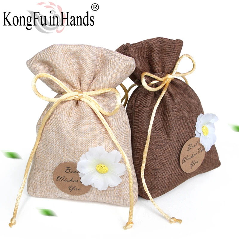 

Portable Storage Sack Burlap Bag Artsy style Jute Bags Candy Snack Store Pouch Jewelry Display Sunflower Pattern Packaging Bags