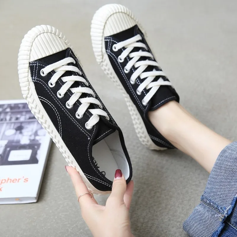 

2020 spring New apanese Harajuku yellow black color Low To Help Canvas Female JSmall White Shoes Wild Tie Women's Y20-14
