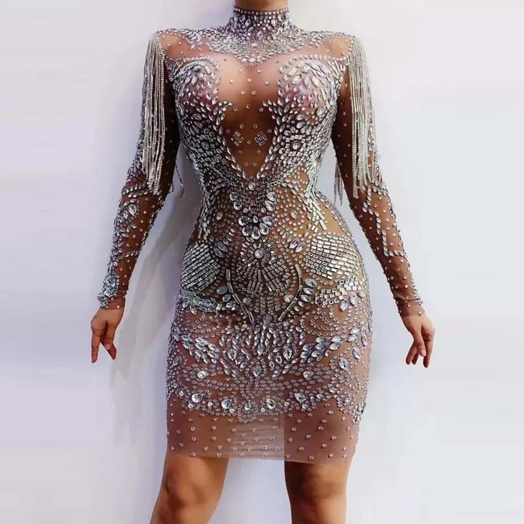 

Sparkly Silver Rhinestones Fringe Transparent Dress Women's Birthday Celebrate Mesh Outfit Bar Women Dancer Dress