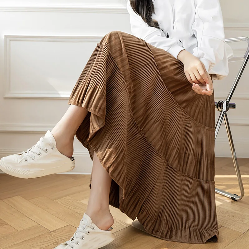 

OHRYIYIE Thick Warm Velvet Long Skirt Women 2022 Autumn Winter Korean Fashion High Waist Pleated Midi Skirt Female Streetwear
