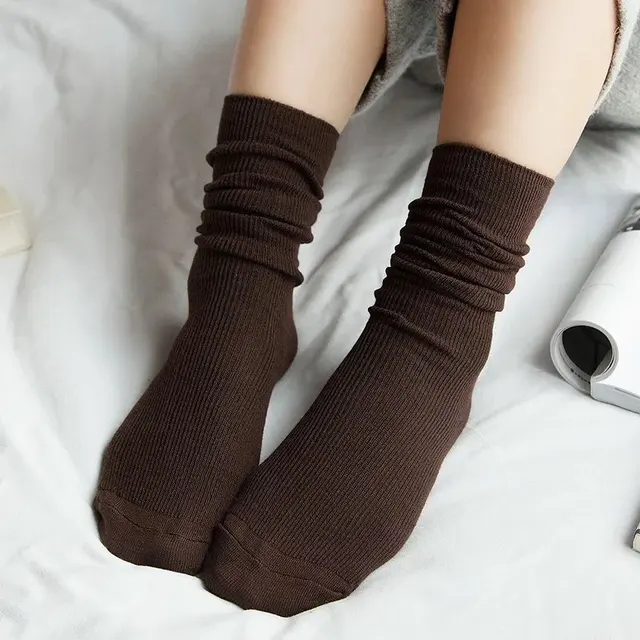 CHAOZHU  Japanese Korea High School Girls High Socks Loose Solid Colors Double Needles Knitting Cotton Long Socks Women Brown