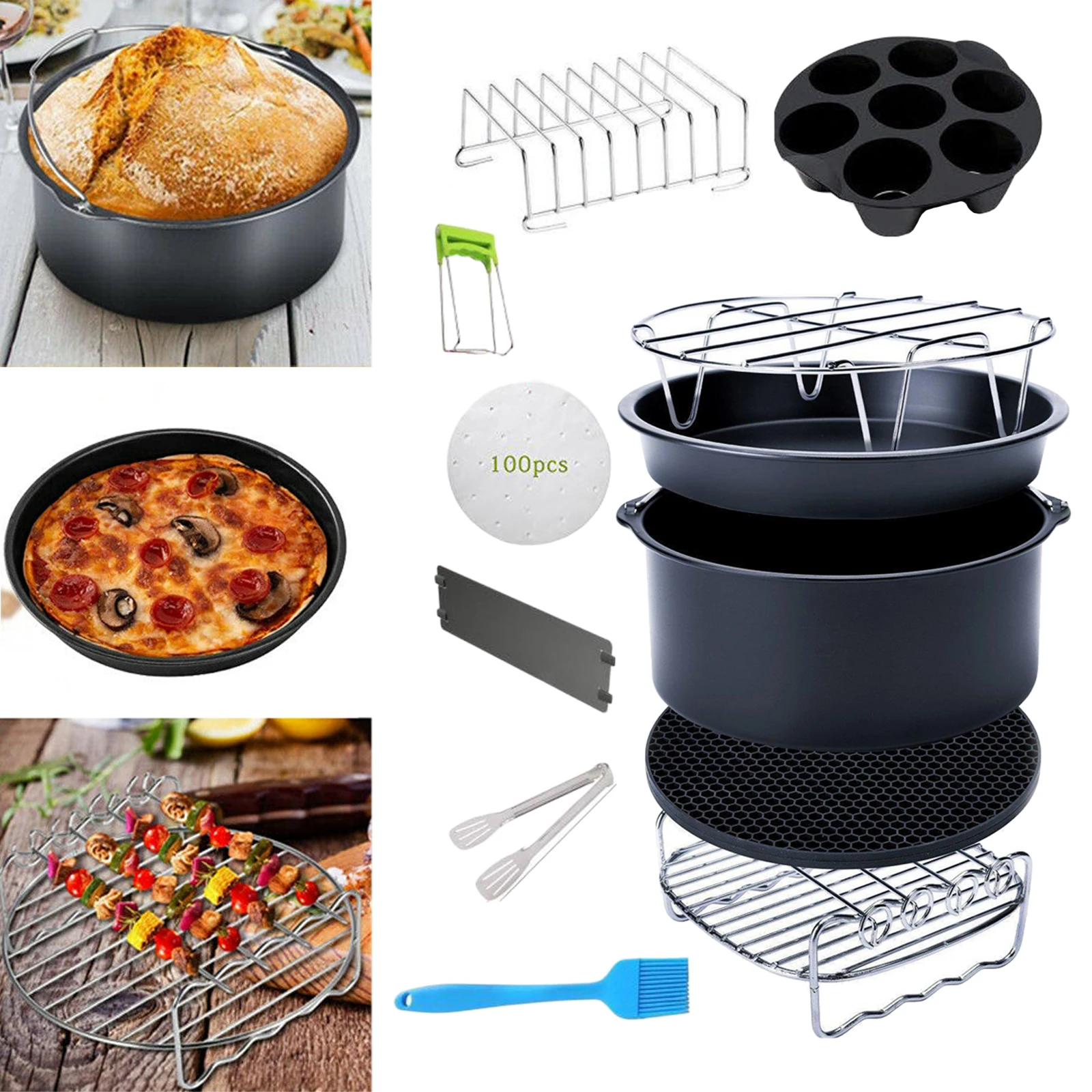 12pcs 8 Inch Air Fryer Accessories Deep Fryer BPA Free Baking Pan Silicone Mat Oil Brush Kitchen Cooking Tool for Party