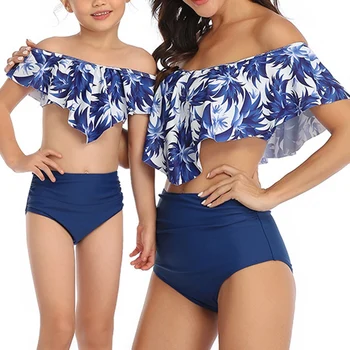 

2pcs Swimsuit Set Women Printed Bikini Ruffle Top High Waist Panties Parent-child Swimwear Suit IK88