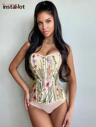 InstaHot Women Corset Top Embroidered Bandage Transparent Mesh Strapless Underbust Body Floral Wide Belts Bustier Girdle 2022