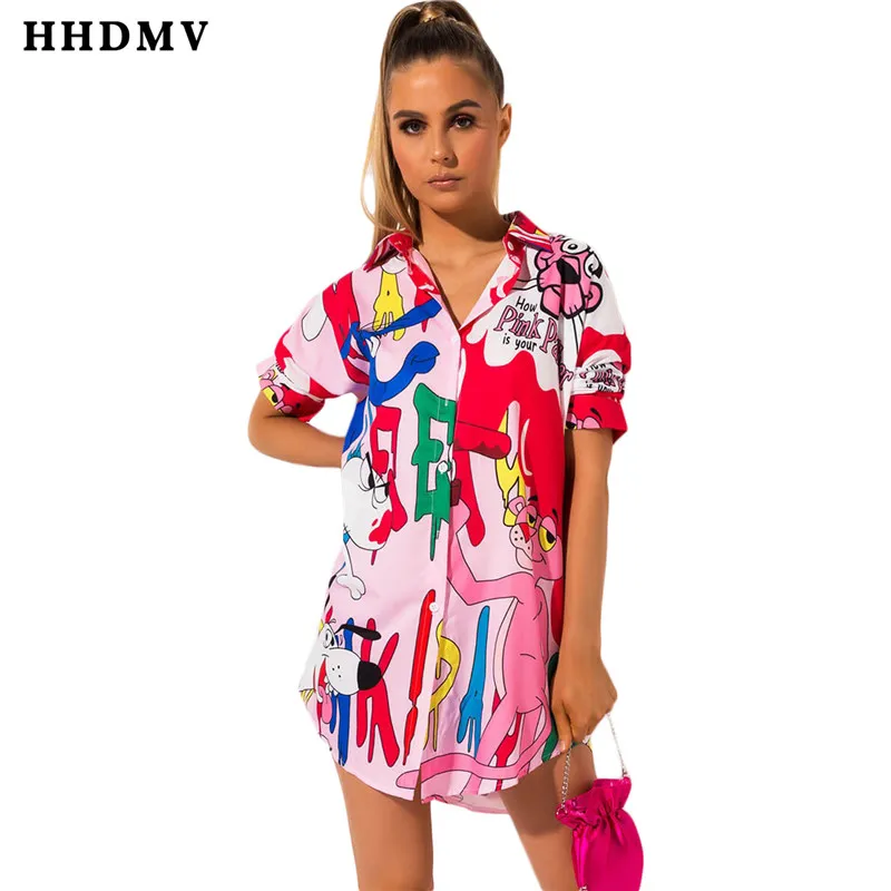 

HHDMV KM8034 New Fashion 2019 Women Summer Casual High Street Wind Short Dress Lapel Colorful Dress Sexy Club Short Sleeve Dress