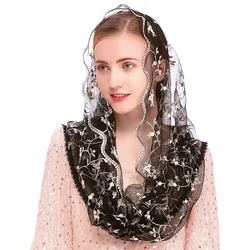 Women Church Shawl Lady Mantilla Infinity Veil Latin Mass Floral Soft Embroidered Lace Head Covering Scarf for Bride Wedding