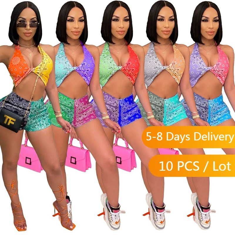 

Wholesale Clothes Paisley Bandana Sexy Two Piece Set Women Summer Beachwear Halter Top and Shorts Set Slim Bodycon Club Outfits