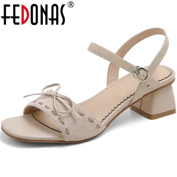 

FEDONAS Vintage Butterfly Knot Ladies Suede Sandals Genuine Leather High Heels Pumps Summer New Wedding Office Lady Shoes Woman