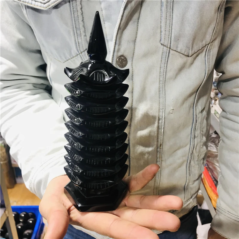 

Natural Black Obsidian wenchang tower gemstone crystal pagoda