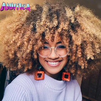 

Annivia Ombre Blonde Bomb Afro Curly Wigs with Bangs Synthetic Short Kinky Curly Wig For Black White Women 4 Colors Available