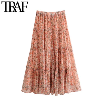 

TRAF Women Chic Fashion Floral Print Pleated Midi Skirt Vintage High Elastic Waist With Lining Female Skirts Mujer