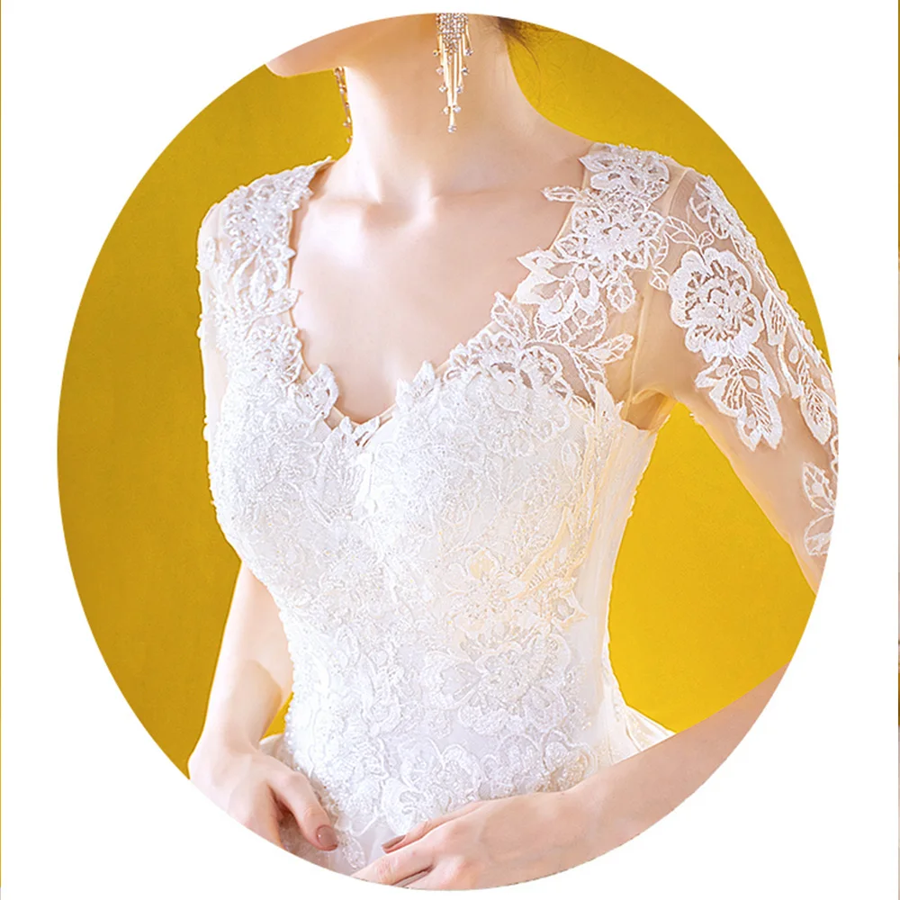 Abiti Da Sposa изготовленный на заказ половинный рукав v-образный вырез шнуровка сзади аппликации Белое Бальное платье Свадебные платья с подъюбником Gelinlik