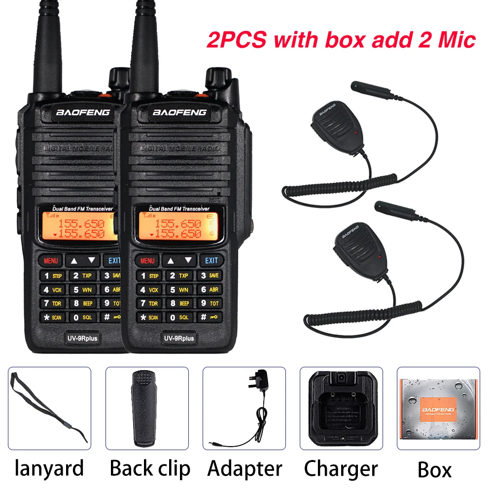 2 шт. 10 Вт Водонепроницаемый Baofeng UV-9R Plus рация 9rhp Двухдиапазонный портативный CB Ham Радио UV9R плюс fm-трансивер передатчик - Цвет: Add 2 Mic
