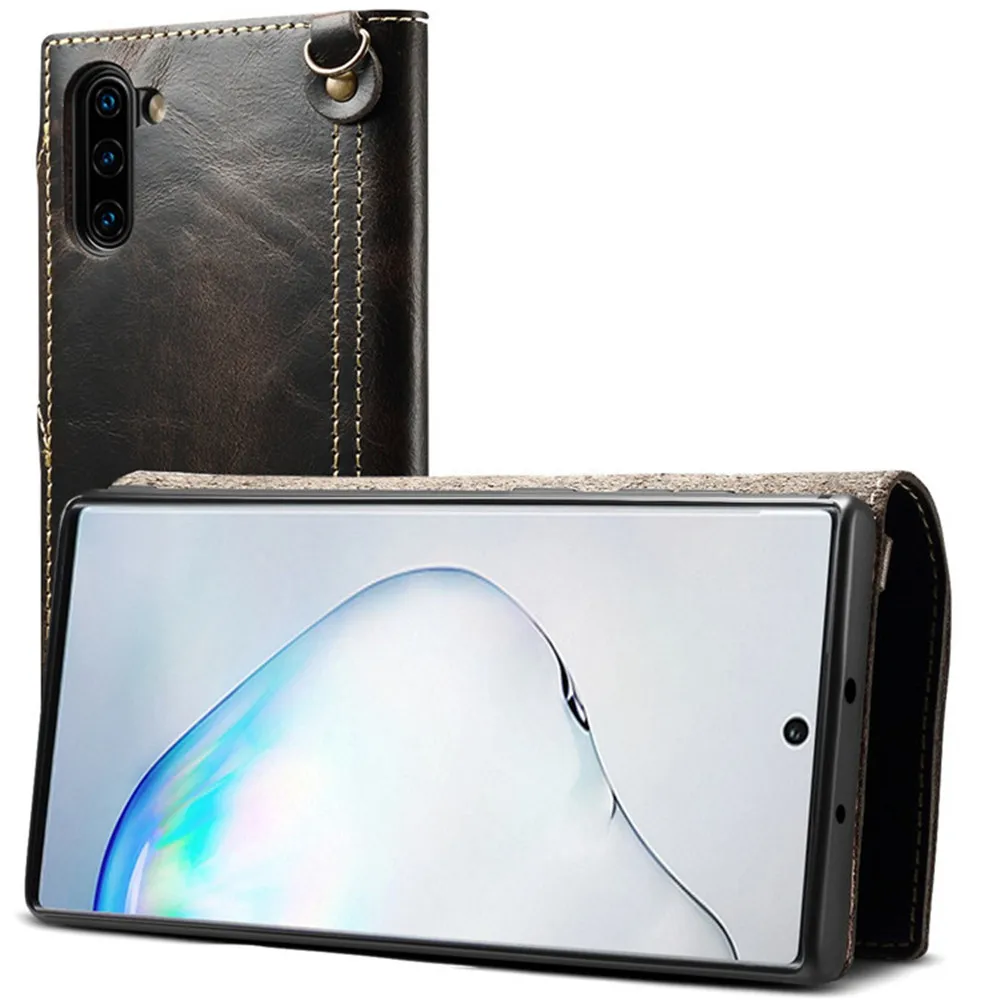 Black Чехол из натуральной воловьей кожи для iPhone 11 Pro Max X XR XS 7 8 6 6s Plus, флип-чехол с бумажником для samsung Note 10 9 8 S10 S9 S8 Plus - Цвет: Black