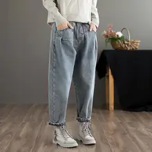 Женские джинсы, зимние плотные штаны-шаровары с эластичным поясом и карманами, теплые женские винтажные повседневные брюки YoYiKamomo