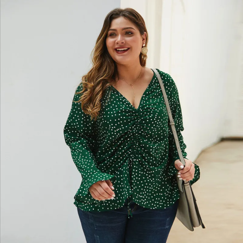 

Spring Summer Dot Printed Shirt Ladies Long Flare Sleeve Deep V-Neck Plus Size Female Tops Loose Elegant Blouse Women