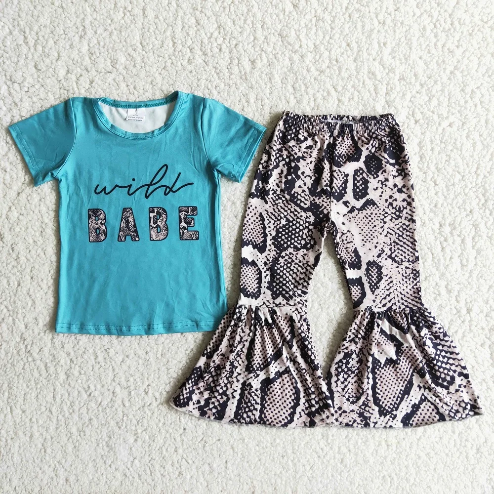 

Wholesale Boutique Fall Baby Girls Wear Short Sleeve Shirts Bells Pants Outfit Letter Snakeskin Pattern Style Kids Clothes