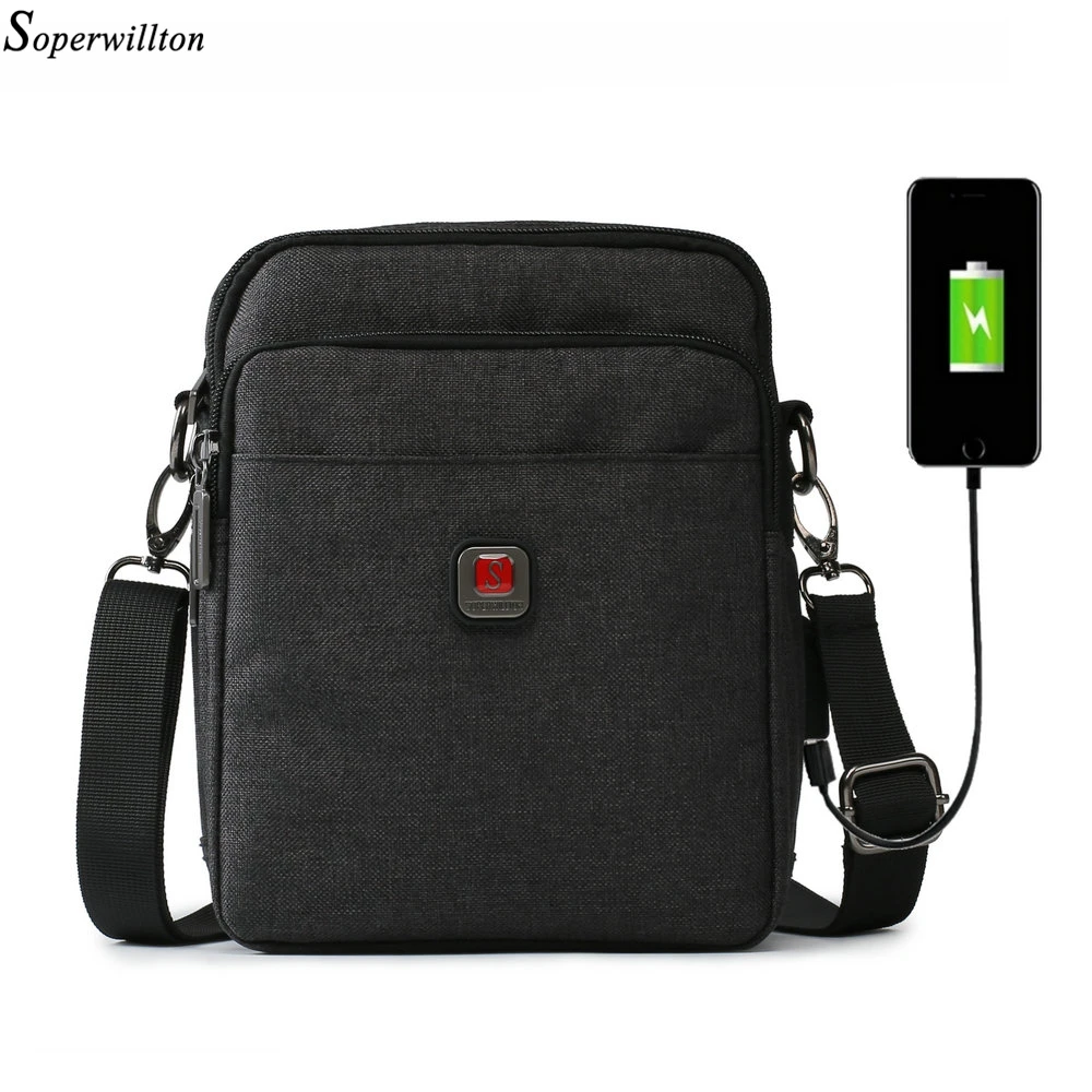 Soperwillton Men Shoulder Bag USB Charging Port Crossbody Bags Men Belt 